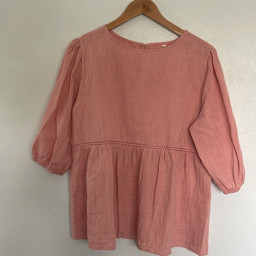 100% Cotton Bohemian Flowy 3/4 Sleeve Pink Peasant Top Women's Size Large